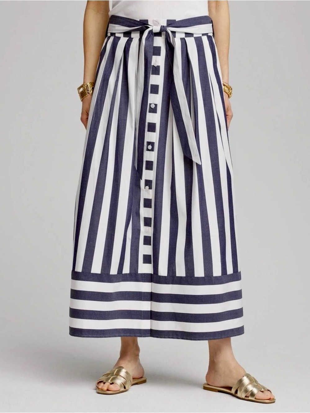 CHICO’S Cotton Blend Navy Blue & White Vertical Stripe Tie-Waist Midi Skirt